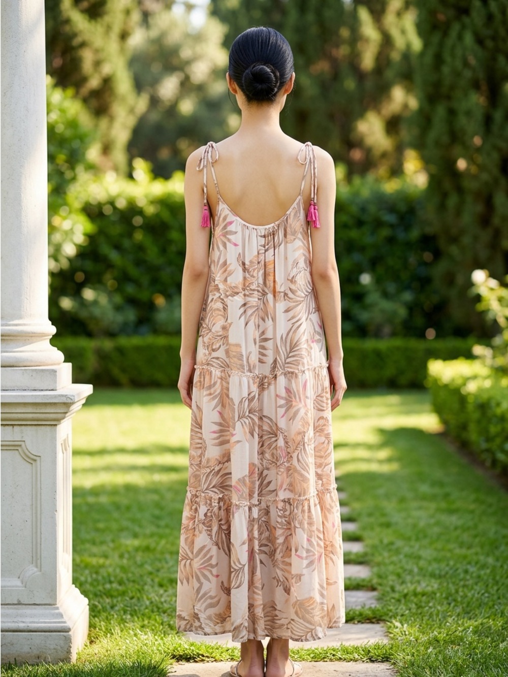 Blue Island Tiered Maxi Dress Beige Floral Tassel Tie Straps Tropical Resortwear - Picture 2 of 11